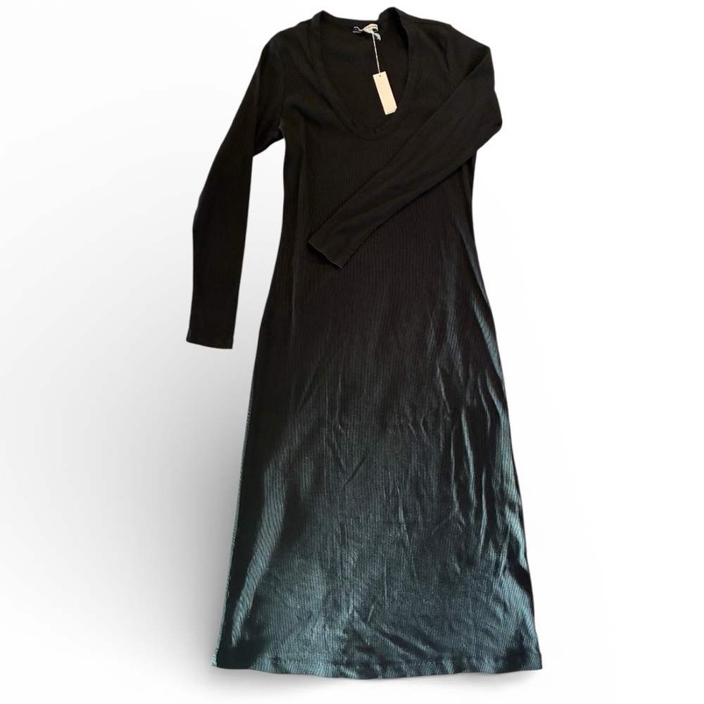 James Perse Midaxi Dress Xl Classic Black Long Sleeve Dress Ribbed 100% Cotton